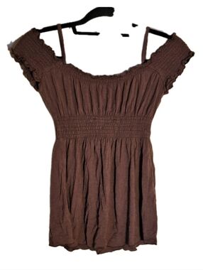 Mexicali Blues Smocked-Waist Ruffle Sleeveless Top Brown Size Small Boho Shirt